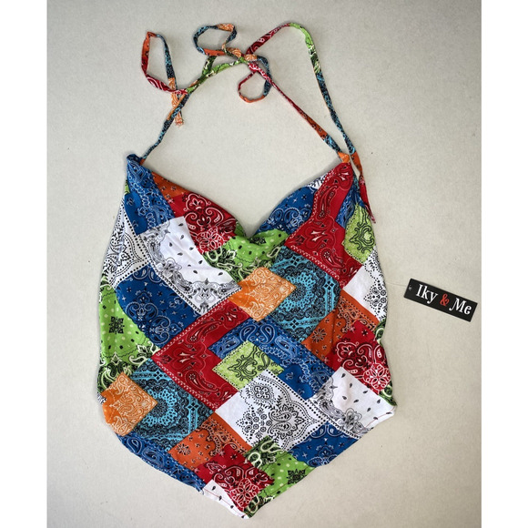 Iky & Me Halter Top NEW Medium Bandana Patchwork Festival Lightweight Smocked - Picture 6 of 7